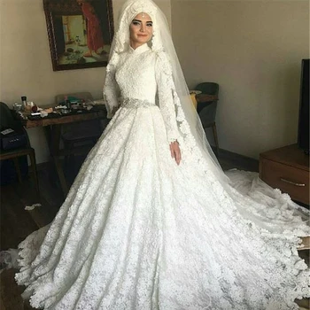 Muslimské Svatební Šaty Saúdská Arábie, Turecko, Plesové Šaty Ručně Vyráběné Dlouhý Rukáv Svatební Šaty Krajka Svatební Šaty Vestido De Noiva