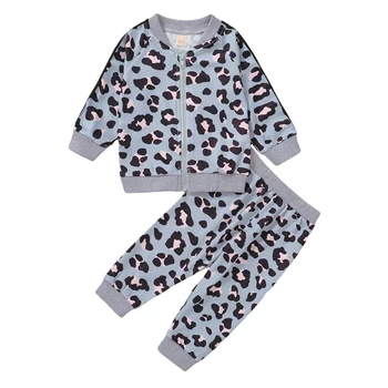 Módní Dětské Oblečení 3 Barvy Dlouhý Rukáv Leopard Tisk Zip Topy+Legíny Kalhoty Batole Dívky, Teplákové Soupravy Oblečení Sady